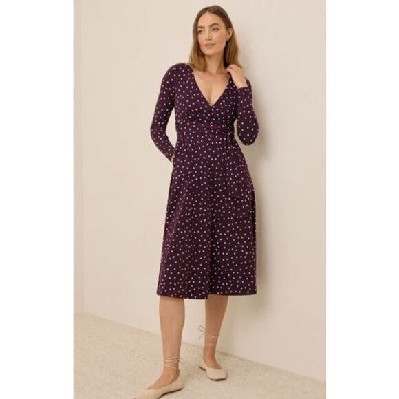 Pact Dresses & Skirts - Pact Medium Fit & Flare Faux Wrap Dress Purple Polka Dot Belted Long Sleeves